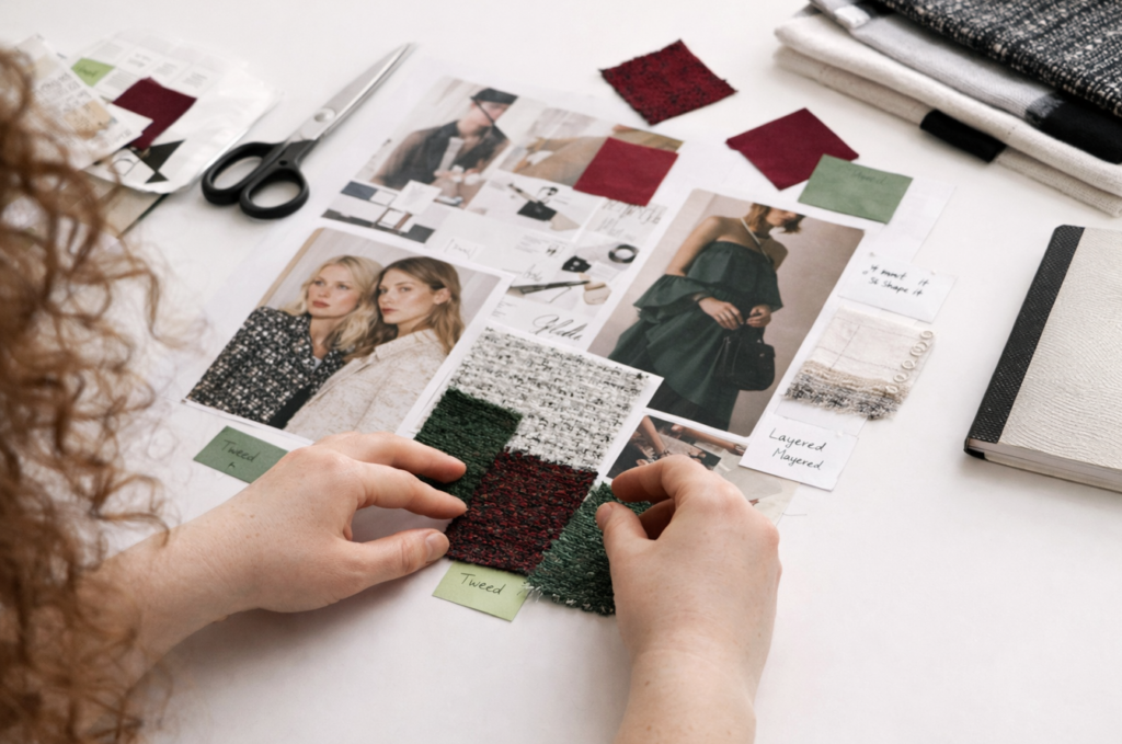 Moodboard textile avec gamme de couleurs pour collection de mode